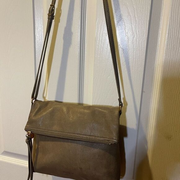 Margot Fold over Taupe Leather Crossbody Bag  brass hardwares and accent - Picture 7 of 13